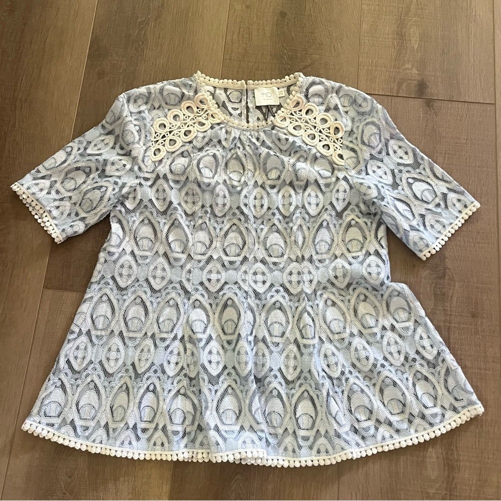 HD in‎ Paris Anthropologie Blue Sheer Lace Top SZ XS A-Line Fairy Whimsical 34”